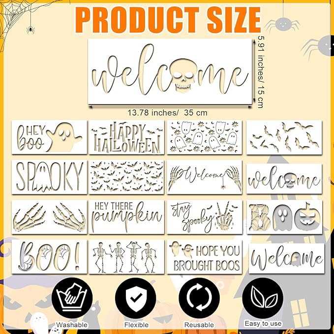 Dunzy 16 Pcs Halloween Stencils for Door Mats Crafts Reusable Hey Boo Ghost Welcome Templates Large Spooky Stencil for Painting Wood Sign Wall Halloween Doormat DIY Project