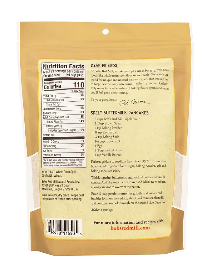 Bob's Red Mill Spelt Flour, 22oz (Pack of 1) - Whole Grain, Vegan, Kosher