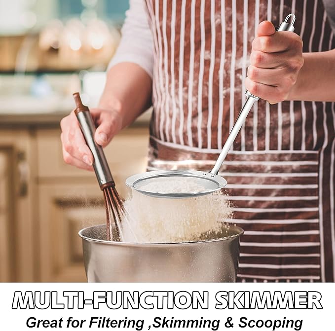 Anaeat 4.7" Stainless Steel Fat Skimmer Spoon - Professional Kitchen Fine Mesh Food Strainer and Hot Pot Skimmer with Long Handle for Skimming, Cooking, Frying, Grease, Gravy and Foam