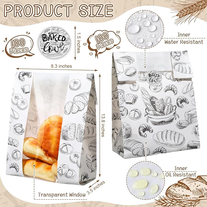 100 Packs Paper Bread Bags for Homemade Bread Sourdough 13.8 x 8.3 x 3.5 Inches Kraft Paper Bakery Bag with Window Label Seal Sticker for Baked Food Packaging Storage(White)