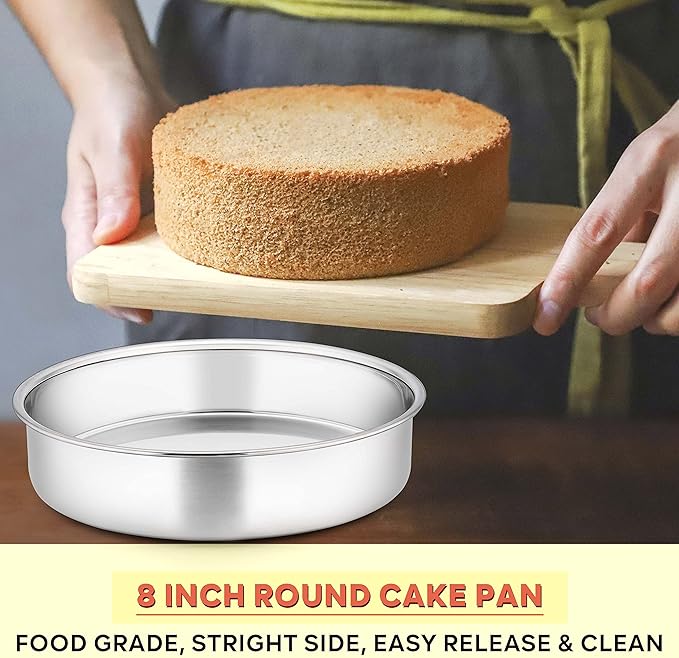 Herogo 8 Inch Round Cake Pan Set of 3, Stainless Steel Nonstick Layer Tier Birthday Wedding Cake Pans, Fit Oven Pots Pressure Cooker, Mirror Finish, Dishwasher Safe