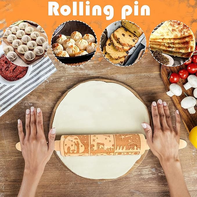 Christmas Wooden Embossing Rolling Pin - Engraved Snowflake Flower Design, Cookie Stamps Roller for Embossed Cookies, Cute Kitchen Decor DIY Baking Tool for Kids and Adults (9 Grilles Jesus)