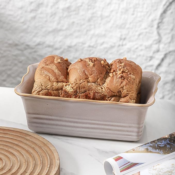 HVH Ceramic Loaf Pan for Baking Bread, Rectangular Baking Bread Loaf Pan, 9 x 5 inch Bread Pan, Bread Baking Pan for Cooking, Wave Series, Farmhouse Style (Sand Color)