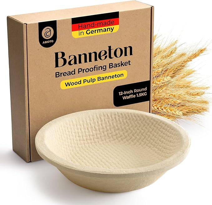 12" Round Wood Pulp Banneton Bread Proofing Basket – 3.3LB Brotform with Waffle Pattern – Non-Stick Natural Wood Pulp Pressed for Durability– Made in Germany Proofing Basket for Sourdough Bread Baking