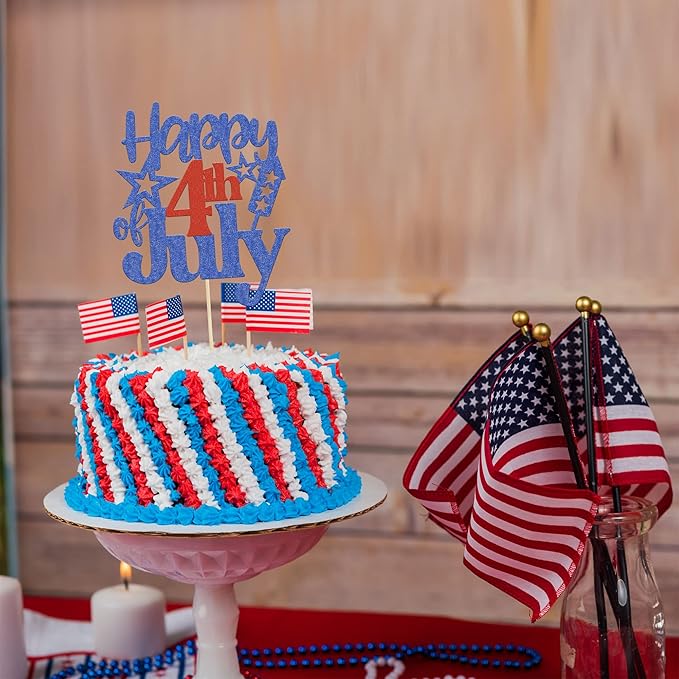 1 Pack Happy 4th of July Cake Topper Red and Blue Glitter Independence Day Cake Pick Decorations for American National Day Patriotic Party Supplies