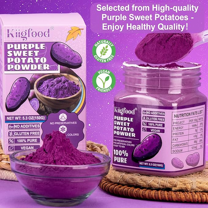 Purple Sweet Potato Powder - Kiigfood 5.3 oz/150g Pure Natural Premium Purple Food Coloring Powder for Smoothies, Christmas Baking, Juices, Pasta - Gluten-Free, No Additives, Vegan, Non-GMO