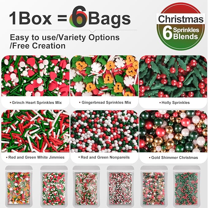 HUEBEATY 6-in-1 Christmas Gingerbread Sprinkles for Cookies Baking - 180g Red and Green Nonpareils, Jimmies, Red Heart, Holly Confetti, Holiday Santa Sprinkles Bulk for Cakes, Cupcakes, Hot Chocolate Decorating