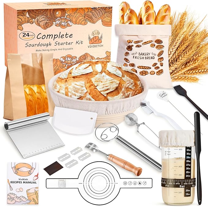 Complete Sourdough Starter Kit - 24 PCS 𝗣𝗥𝗘𝗠𝗜𝗨𝗠 Sourdough Bread Baking Supplies for Modern Kitchen, 9" Round Banneton Bread Proofing Baskets Making Tools for Beginners & HomeBakers