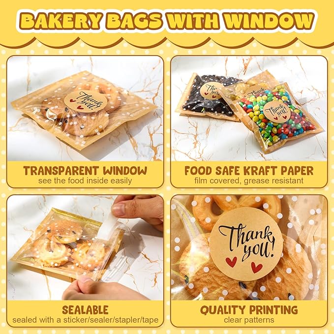 Self Adhesive Cookie Bags Cellophane Polka Dot Treat Bags Small Plastic with Thank You Stickers for Party Gift Giving Bakery Biscuit Candy Pastry(3.94 x 3.94 Inch,Small Dot,100 Pcs)