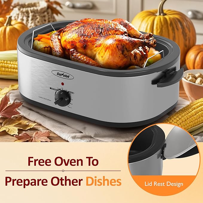 Sunvivi 20-Quart Roaster Oven with Self-Basting Lid, Electric Turkey Roaster Oven with Removable Pan and Rack, Stainless Steel, Sliver