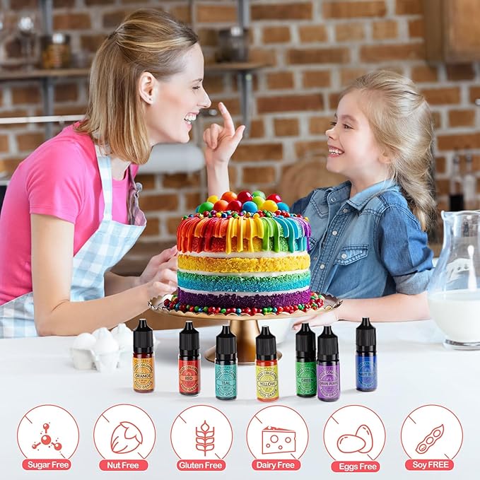 Cherrysea Food Coloring for Cake Decorating Rainbow Edible Food Dye for Halloween Baking Royal Icing Cookie Supplies Gluten Free 7x12ml Food Grade Liquid Food Color Kit, 0.4 Fl. Oz/Bottles