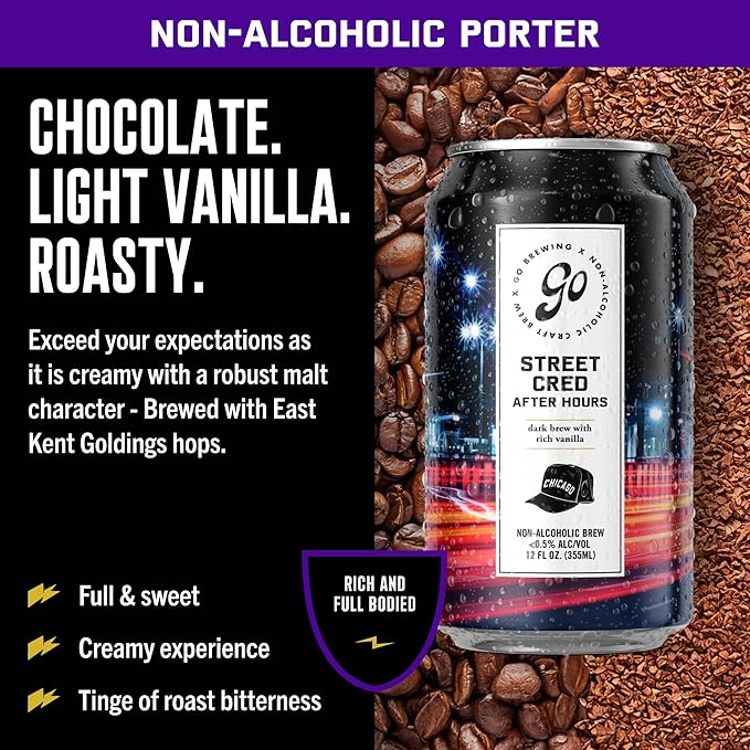 Go Brewing Non-Alcoholic Beer - Small Batch, Low-Calorie Brew - Roasted Malt w/Chocolate & Vanilla Notes- Bold & Smooth Finish Craft Beer - Street Cred After Hours Porter (12 Oz, 12 Cans)