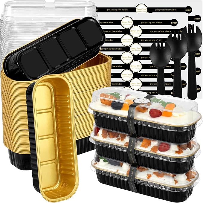 Mini Loaf Pans with Lids and Spoons (100 Pack, Black-gold, 6.8oz) Rectangular Aluminum Foil Baking Pans