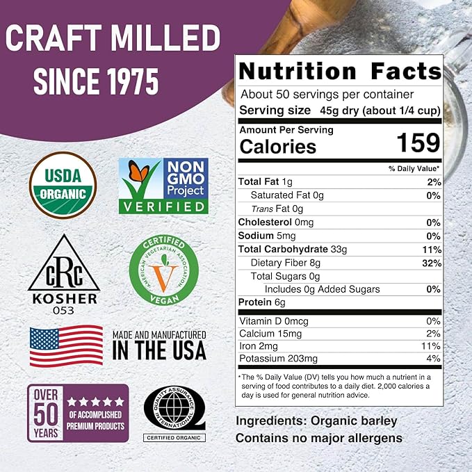 Great River Milling Organic Hulled Barley Grain | Whole Grain Barley for Home Milling, Cooking, and Baking | High Fiber, Non GMO, Kosher | 5 Lb