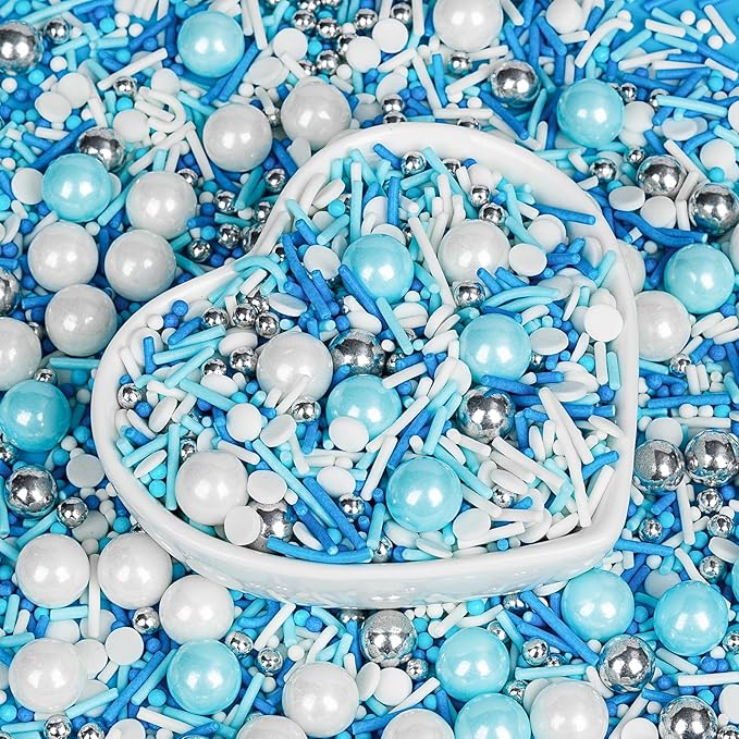 Christmas Edible Blue Silver White Sprinkles,Winter Jimmies Pearls Mix,130g/4.58oz,Perfect for Cake Decorations,Cake and Cupcake Sprinkles with Assorted Shapes and Sizes for Parties Baking, Ice Cream, Cookies, Cupcake Topper