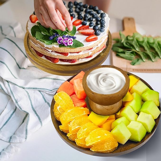 Set of 2 Acacia Wood Cake Stand with Acrylic Lid, 11.81'' Cake Plates and 9.84'' Rotating Cake Holder for Party, Wedding