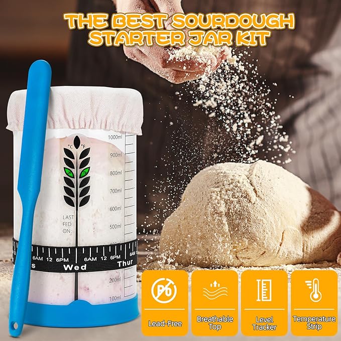 Sourdough Starter Jar Kit 2Pack, 40OZ Large Sourdough Starter Kit With Thermometer Strips & Scraper, Sourdough Bread Baking Supplies–A Perfect Sourdough Bread Starter Kit for Beginners to Expert(Blue)