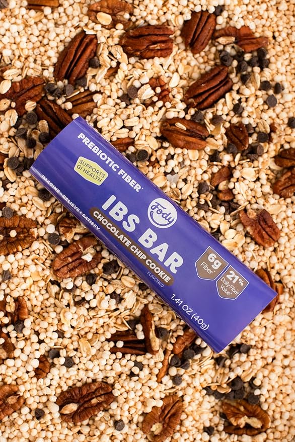 Fody Foods IBS Snack Bars, Chocolate Chip Cookie, 1.41 Oz (Pack of 12), 6g Prebiotic Fiber, Low FODMAP, Gut & IBS Friendly, Lactose Free, Non-GMO, Gluten Free