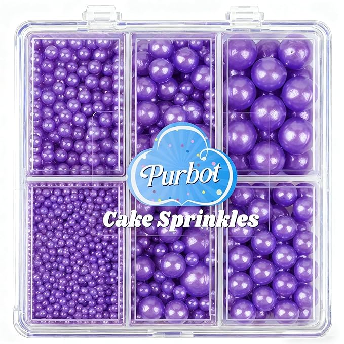 Purple Pearl Sprinkle for Cake Decorating, 4 Sizes Sugar 130g/4.6oz, Cupcake, Ice Cream, Donuts, Macaron Toppings Supplies (2mm, 4mm, 7mm, 1cm)