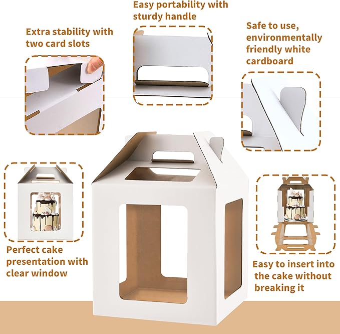 Tall Cake Boxes 6 Windows with handle, In 3 Size 10x10x10&12x12x12&14x14x14inch Cake Boxes,Square Cake Carrier,largeTake Out Transport Containers(3Pcs-White)