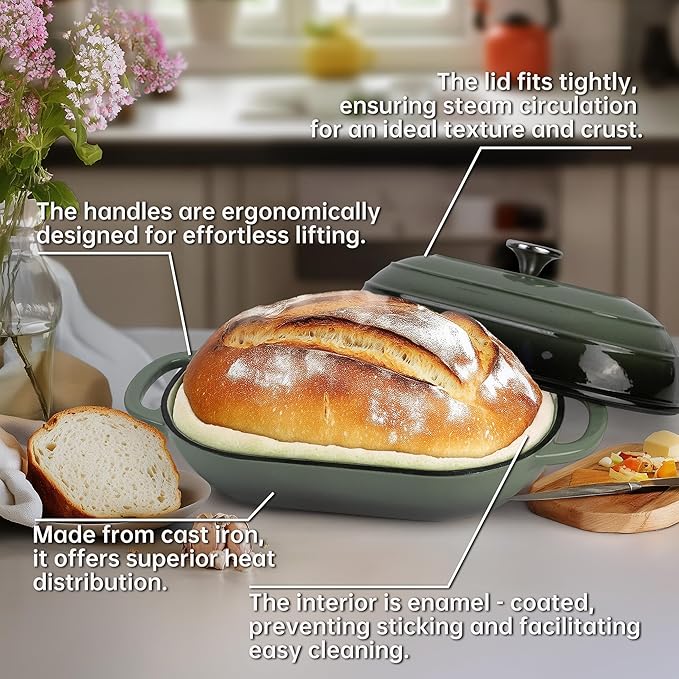 Premium Enameled Cast Iron Dutch Oven for Bread Baking | Non-Stick 5QT Oval Bread Oven with Lid | Perfect for Sourdough, Loaf, and Artisan Baking (Oval Green, 5 QT)