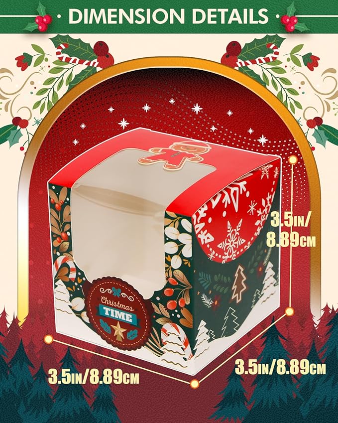 qiqee Christmas Cupcake Boxes 60pcs 3.5x 3.5x3.5 inch Auto-Popup Single Cupcake Container for Christmas(60 Boxes+60 Inserts)