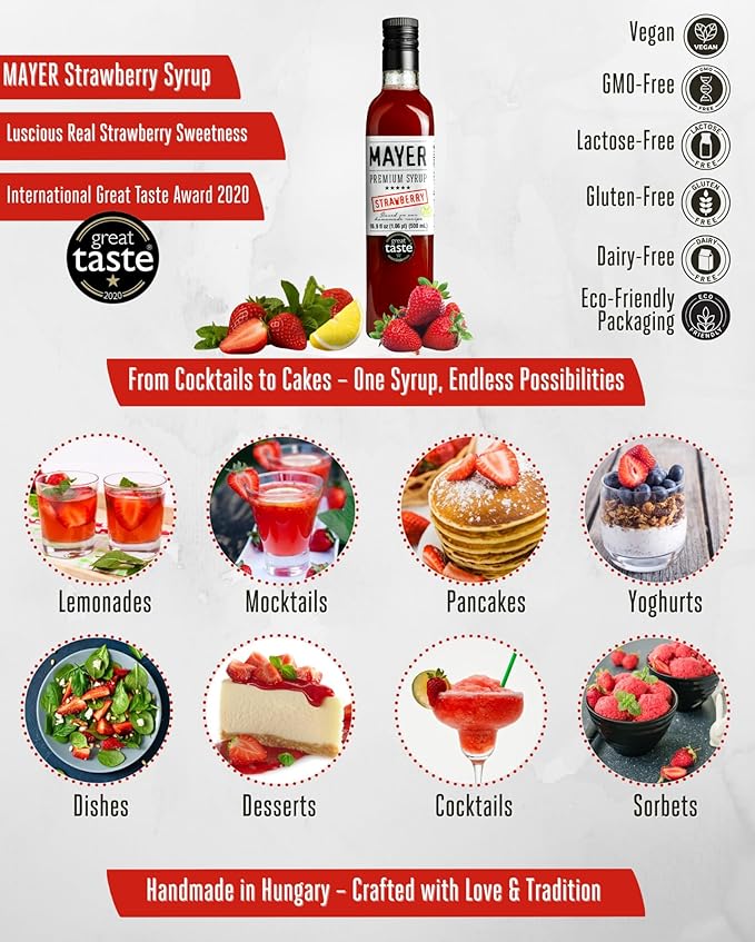 Mayer Premium Hungarian Strawberry Syrup - Award-Winning Artisanal Fruit Syrup, All-Natural, Over 50% Real Fruits, Vegan, Gluten-Free – Perfect Coffee Syrup, Cocktails & Dessert Topping (1 Pack)