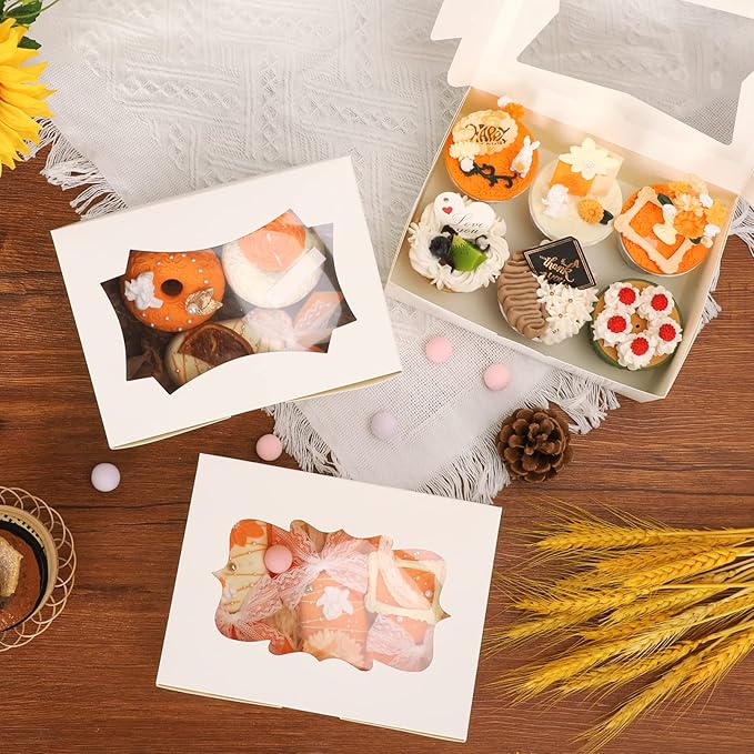 TOMNK 30pcs Cookie Boxes, 8x6x2.5 Inches 3 Style Windows Treat Boxes with Window for Treats, Chocolate Covered Strawberries, Muffins, Donuts