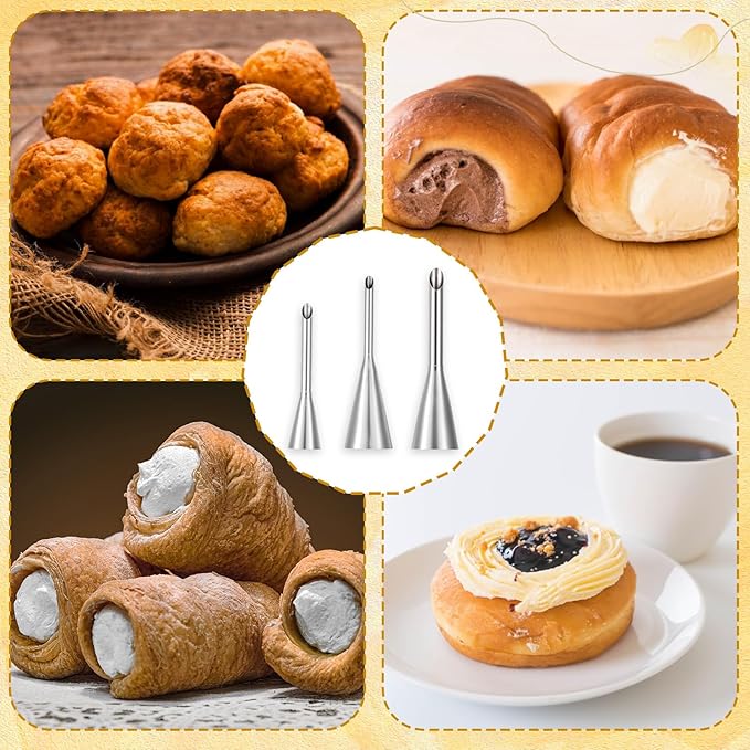 3 Pcs Puff Cream Filling Piping Tips Kit, Long Piping Nozzle with 50 Disposable Bags and 1 Pcs BrushCream Filling Nozzles for Donuts Puff Eclairs Pastry Decorative