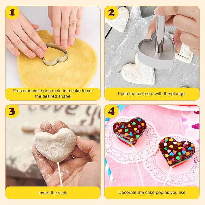 12 Pack Stainless Steel Cake Pop Mold Set with Pusher Circle and Heart Shapes Press Cake Pop Cutter Set with 100pcs Lollipop Sticks | Reusable Baking Tools for Home, Party, Birthday Desserts