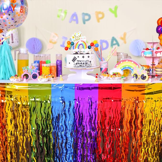 LOLStar Rainbow Party Decorations, 2 Pack Wavy Metallic Tinsel Foil Fringe Table Skirts, Perfect Table Decors for Birthday Holiday Wedding Engagement Bridal Shower Pride Party Cartoon Party