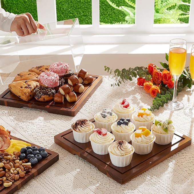 Acacia Wood Cake Stand with Lid-Cake Holder with Dome, 2-in-1 Dessert Table Display Set & Charcuterie Board with Lid,Square Cake Stand for Party,Fruit Tray,Cheese,Veggie,Large Cake Dome Cover