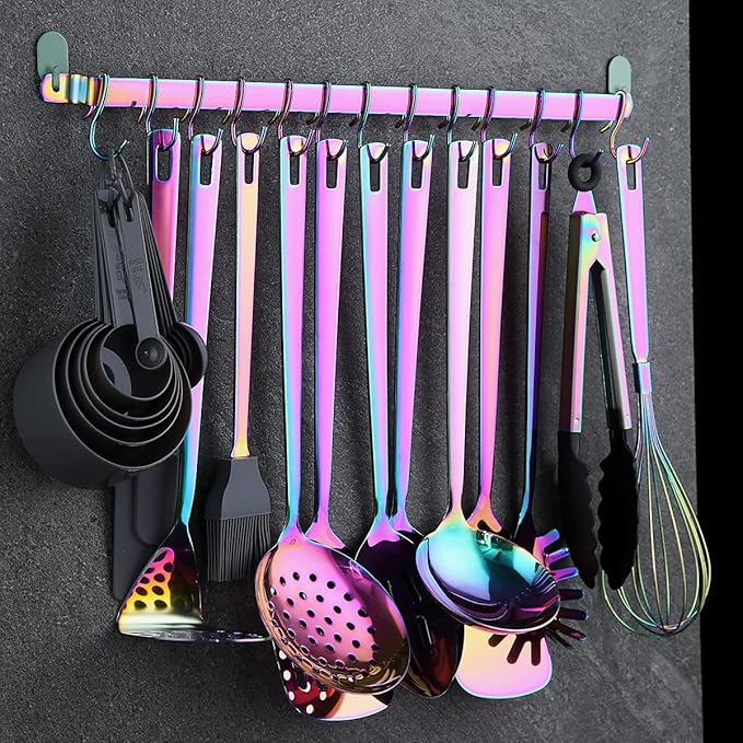Rainbow Cooking Utensils Set, Kyraton Stainless Steel 37 Pieces Kitchen Utensils Set with Titanium Colorful Plating, Kitchen Tool Gadgets Set with Utensil Rack Heat Resistant Dishwasher Safe