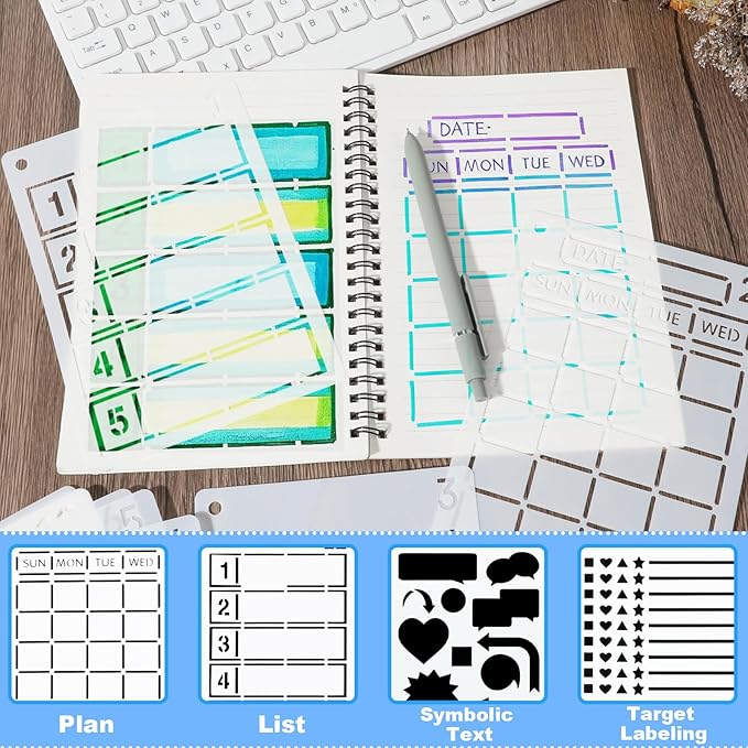 48 Pcs Planner Stencils for Crafts, Multiple for Journal Stencils Dotted Notebooks, Planner Stencil Drawing Accessories Kit for Scrapbooking Cards DIY Projects(7x5 Inch)
