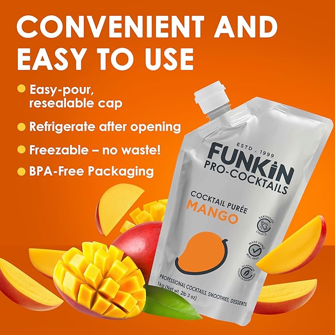 Funkin Fruit Puree | Real Fruit, Simple Ingredient, Natural Mixer for Cocktails, Drinks, Smoothies | Vegan, Non-GMO, Gluten-Free (2.2 lbs) (Mango)