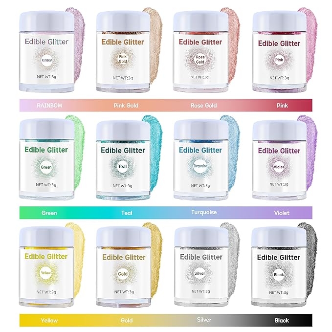 Christmas Edible Glitter 12 Colors Set, Food Grade Metallic Shimmer Dust for Food Decoration, Rainbow Drink Glitter for Cocktails Champagne Beverages, Vegan, Gluten Free, Nut Free-3g/Bottles