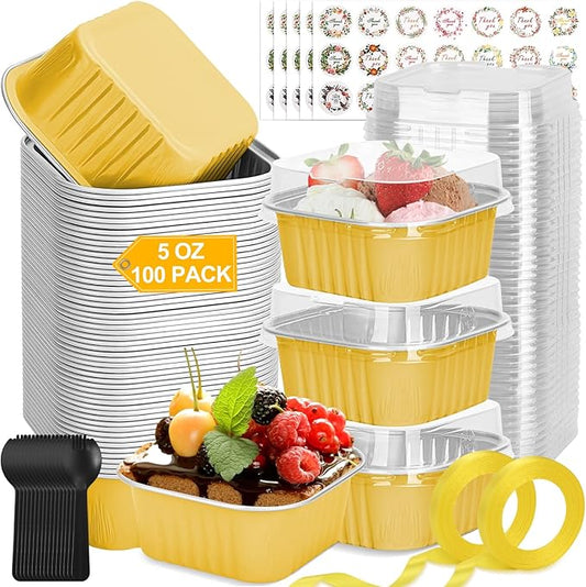 100 Pack Mini Cake Pans with Lids and Spoons, 5oz Square Aluminum Foil Loaf Pans Gold Small Cake Tins Disposable Baking Pans Dessert Cupcake Cups with Ribbon Decals for Wedding Birthday Party Picnics