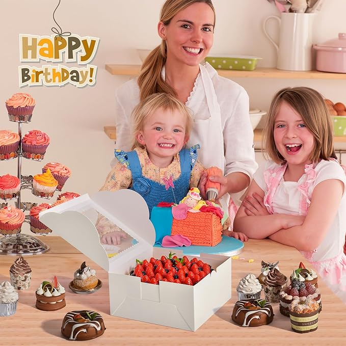 32Pcs 10 Inch Cake Boxes with Cake Boards (16Pcs White Cake Boxes, 16Pcs Cake Boards), 10x10x5 Inch Bakery Boxes with Window, Cake Carrier Container for Birthday Party, Wedding