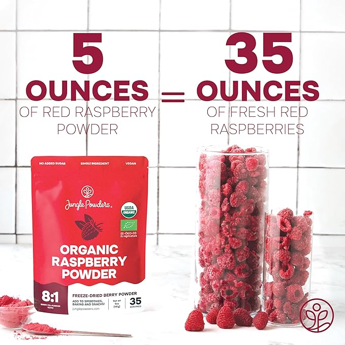 Jungle Powders Organic Raspberry Powder 5 Ounce Bag, USDA Organic Freeze Dried Raspberries from Whole Berry for Baking, Additive Filler Free Red Superfood Extract Rasberries Smoothies Organic Dehydrated