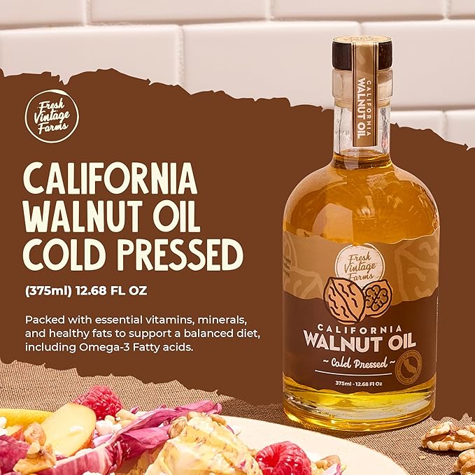 Fresh Vintage Farms 100% Undiluted Cold Pressed Walnut Oil | Wholesome & Nutritious Healthy Cooking Oil for Cooking, Baking, Grilling, Dipping, & Salads | Walnut Oil - 12.68 Fl Oz, Pack of 1