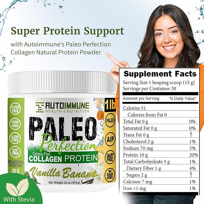 Paleo Perfection Vanilla Banana Grass Fed Beef Collagen Protein Powder with Stevia - Paleo, Keto, SCD, AIP Protein Powder with Apple Fiber, Carrot & Broccoli - 300g Protein Powder & Superfood Blend