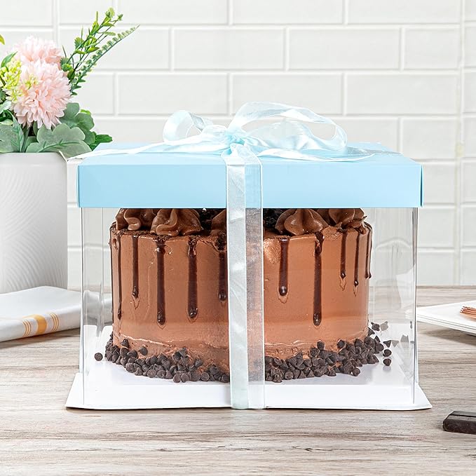 Restaurantware Sweet Vision 8.5 Inch x 6.75 Inch Transparent Cake Boxes, 10 Grease Resistant Base Clear Cake Boxes - Blue Lid, Blue Ribbon, Plastic Birthday Cake Boxes, For Weddings Or Birthdays