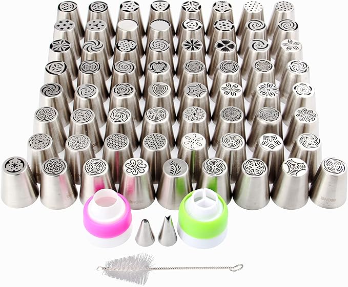 65 Pieces Stainless Steel Large Russian Piping Tips Kit,1 Cleaning Brush,2 Plastic Coupler,2 Leaf Icing Tip,10 Pastry Bags,Cupcake Dessert Baking Tools for Cake Decorations
