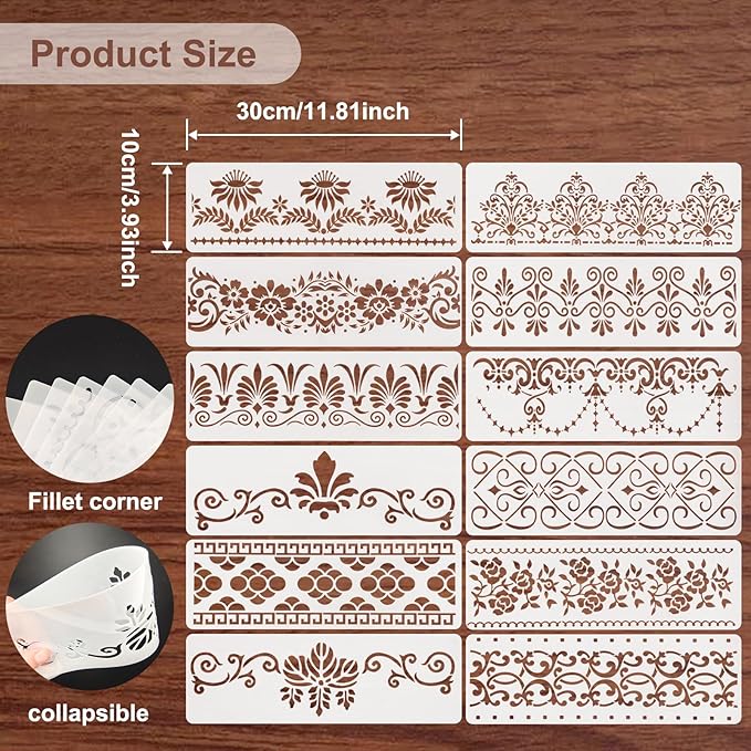 12 Pcs Border Stencils for Painting Mandala Flower Stencil Template Retro Reusable Furniture Cake Decorative Stencils Border for Wood DIY Craft Canvas Fabric
