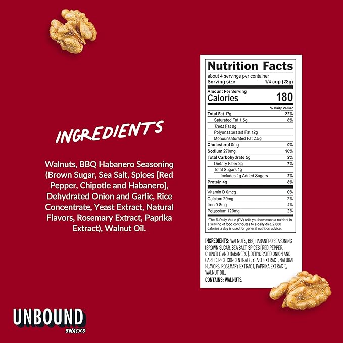 Unbound Snacks Flavored Nuts - BBQ Habanero Walnuts, 4 oz (Pack of 4) - Healthy Snacks, 4g Protein, 1g Sugar, High in Omega 3, Gluten Free, Vegan - Freshly Roasted & Seasoned Gourmet Walnut Halves