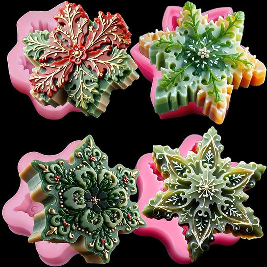 Snowflake Silicone Molds Christmas Snowflake Soap Molds Snowflakes Candle Mold 3D Christmas Silicone Chocolate Mold for Making Soaps Candles Bath Bomb Cookie Cake Candy Chocolate Muffins Ice(4 Pink)