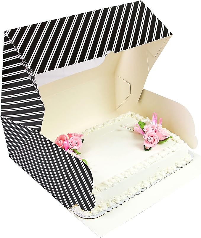Global Sugar Art Popup Quarter Sheet Cake & 12 Cupcake Box with Window and Cupcake Insert, Black and White Stripe 14 x 10 x 4 Inches, 5 Count. For 9 x 13 sheet cakes, cookies, pastries, desserts.
