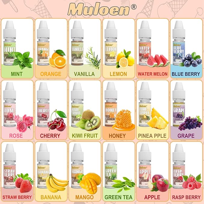 Food Flavoring Oil, 18 Flavors Candy Flavoring, Concentrate Imitation Flavor Extract for Baking, Lip Gloss, Drinks, Cooking, Soap - Water & Oil Soluble - .25 Fl Oz (6 ml) Bottles