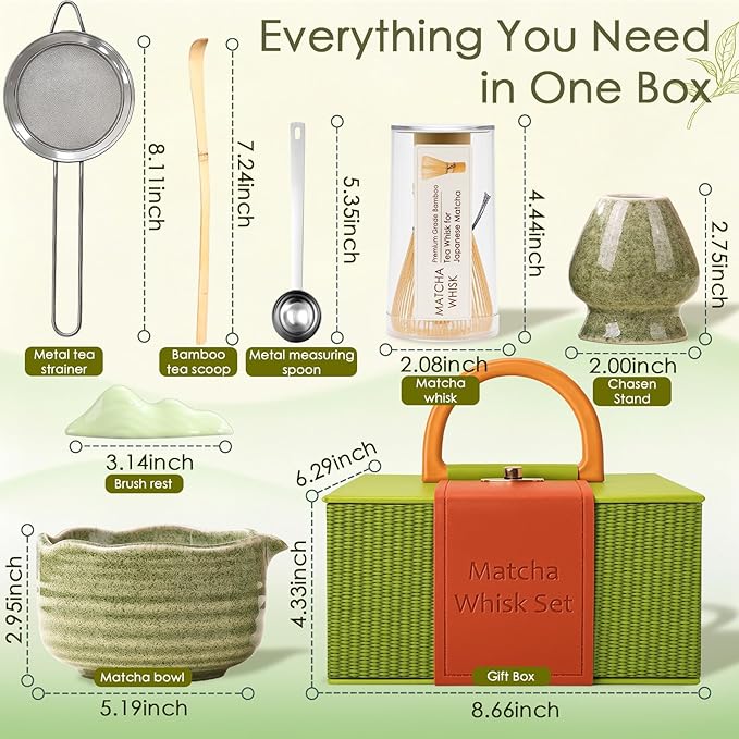 8Pcs Matcha Whisk Set, Matcha Set Includes Ceramic Matcha Bowl, Whisk and Holder, Bamboo Scoop, Scoop Rest, Sifter, Measuring Spoons and Tea Towel Tea Kit Gift Set for Women (Green)