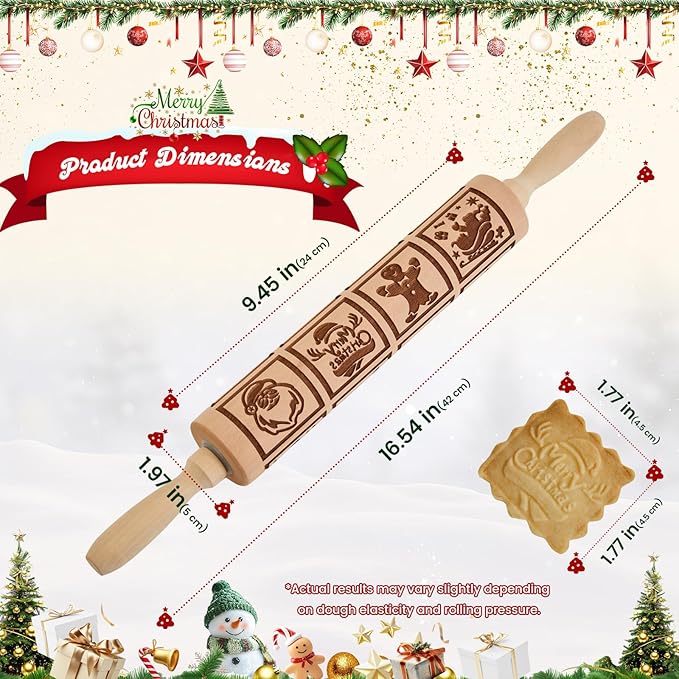 Gobam Embossed Rolling Pin for Cookies, Engraved Wooden Rolling Pin for Baking, Deep Pattern Cookie Roller for Christmas, Holiday, DIY Kitchen Decor and Gift - Christmas Classic